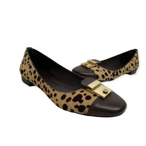 Tory Burch Priscilla Ballet Hair Calf Tumbled Leather Flat Cheetah Coconut Sz 8